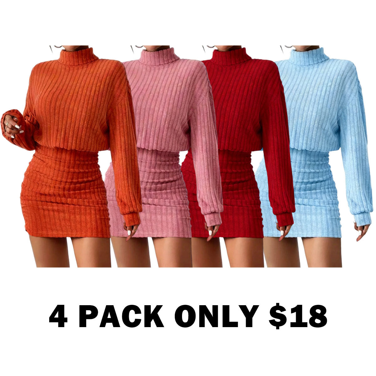 Women's Plain Drop Shoulder Turtleneck Ribbed Dress
