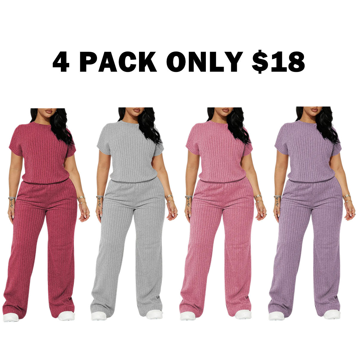 Women's Solid Shortsleeve Crewneck Ribbed Top & Wide Leg Pants