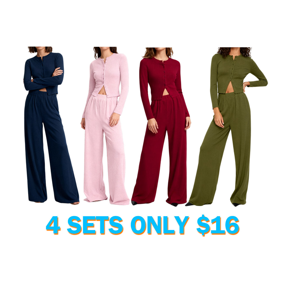 Women's Solid Button Front Ribbed Crop Top & Elastic Waist Pants 2 Piece Set