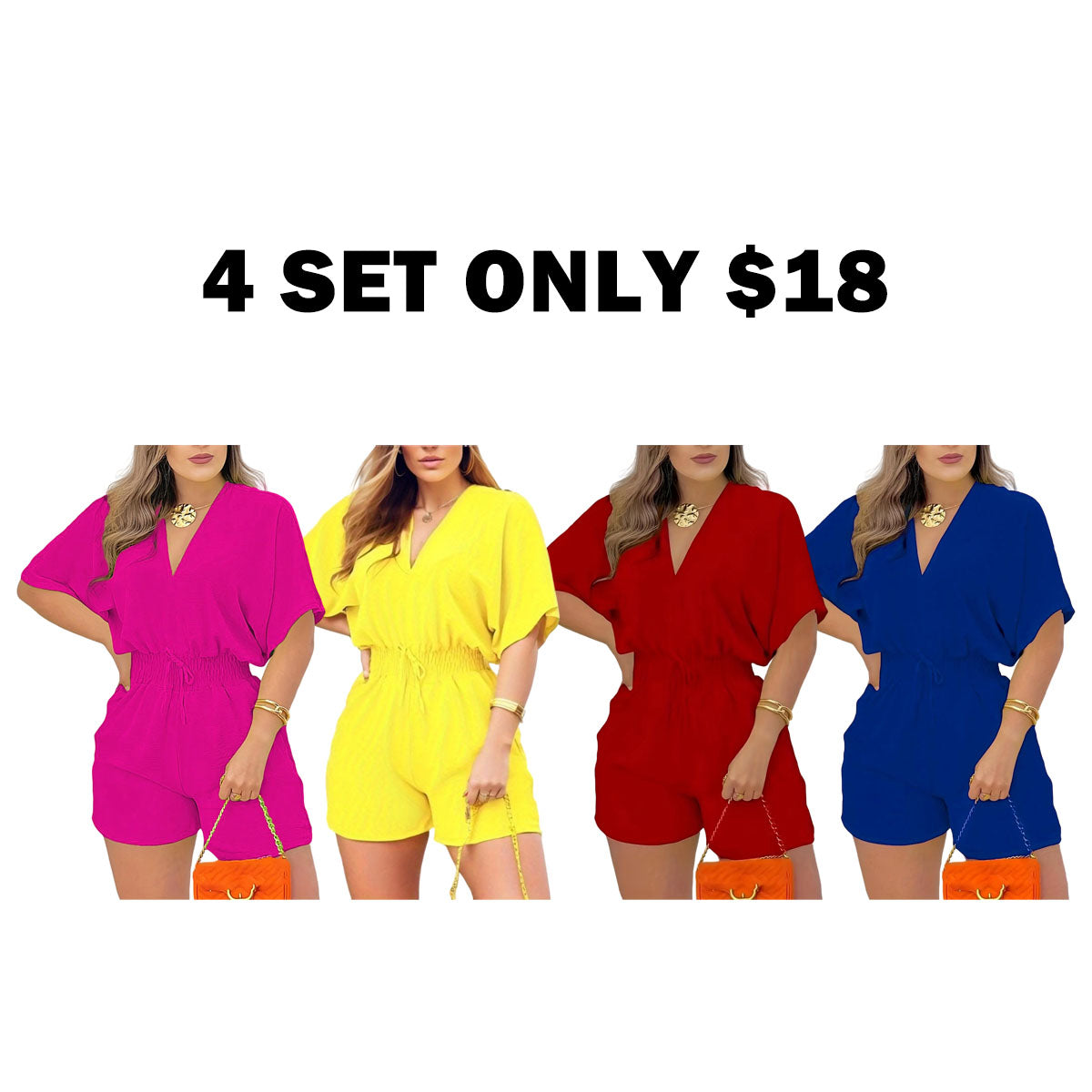 Women's Plain Drawstring Shirred Waist V Neck Romper