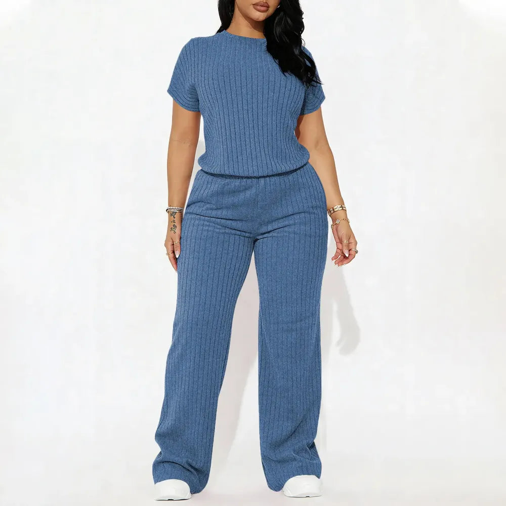 Women's Solid Shortsleeve Crewneck Ribbed Top & Wide Leg Pants