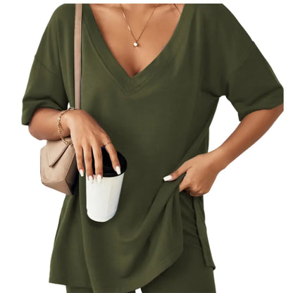 Women's Two-Piece Pajama Set Casual Oversized V Neck Split Hem