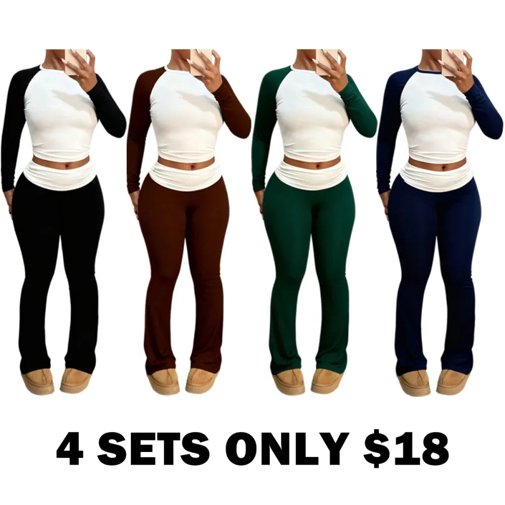 Round Neck Long Sleeve Color Block T-Shirt with Ruffled Flare Pants Set