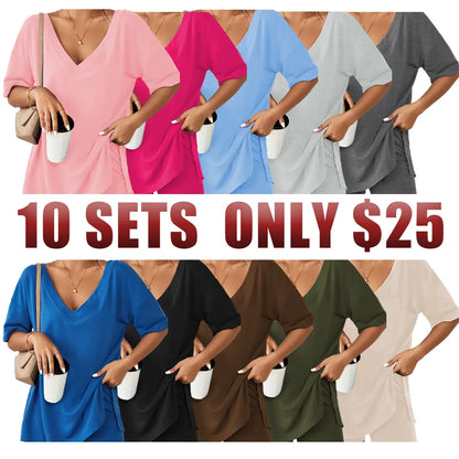 Women's Two-Piece Pajama Set Casual Oversized V Neck Split Hem