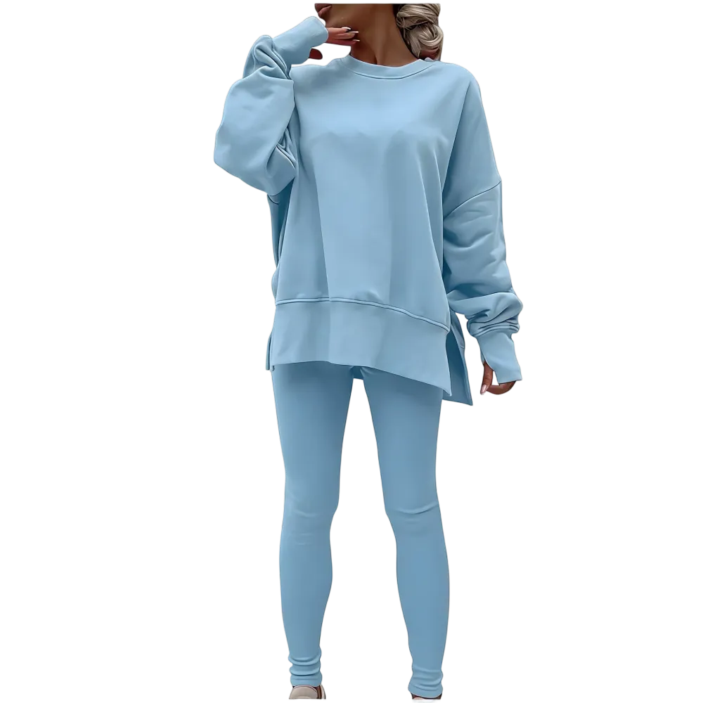 Women's Fashionable Solid Color Casual Long Sleeved Round Neck Hoodie Top Stripe Pants Set