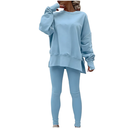 Women's Fashionable Solid Color Casual Long Sleeved Round Neck Hoodie Top Stripe Pants Set