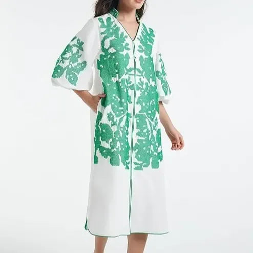Women Casual V-Neck Mid Dress Floral Embroidery 3/4 Sleeves