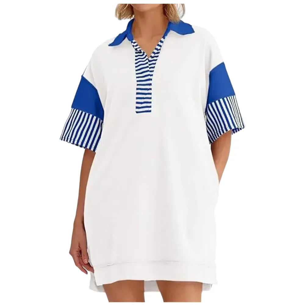 V Neck Summer Color Block Short Sleeve Mini Dress