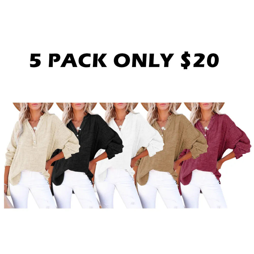 Women's Casual Button V Neck Long Sleeve Shirts