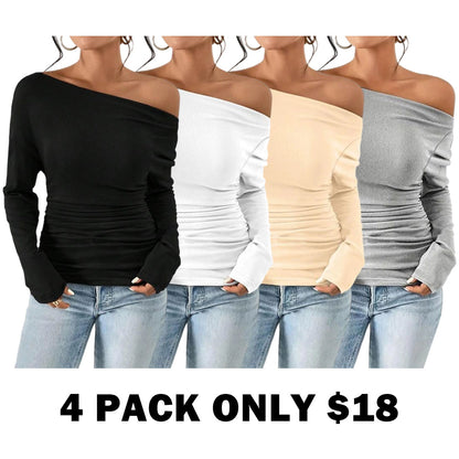 Women's Plain Ruched Asymmetrical Neck Drop Shoulder Tee