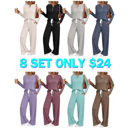 Womens 2 Piece Lounge Sets Fall Outfits Henley Neck Sweater 2025 Matching Sweat Suits Comfy Pajamas Clothes Pockets