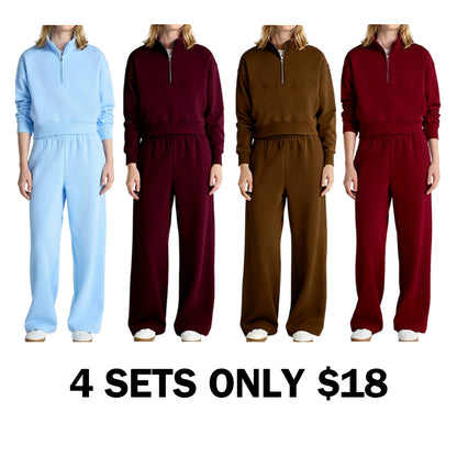 Fleece Half Zip Pullover & Cargo Wide-Leg Pants 2-Piece Set