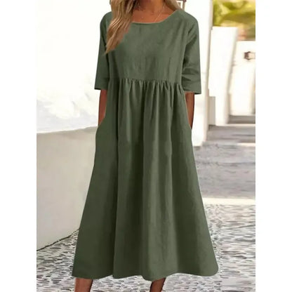 Cotton and Linen Casual Short Sleeve Pocket Dress