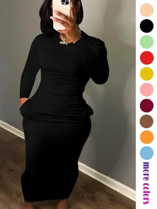Women's Solid Pocket Long Sleeve Bodycon Dress