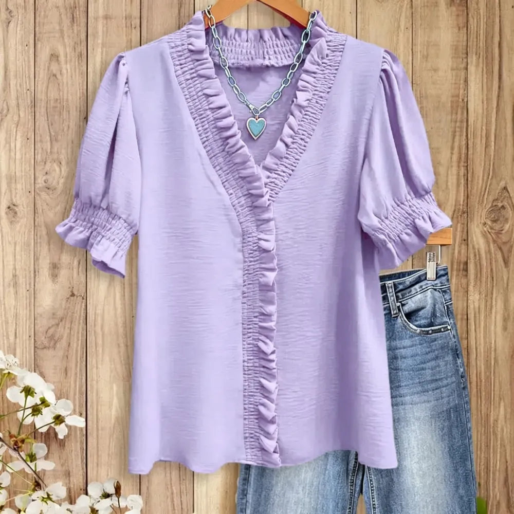 Ruffle Trim V - Neck Blouse