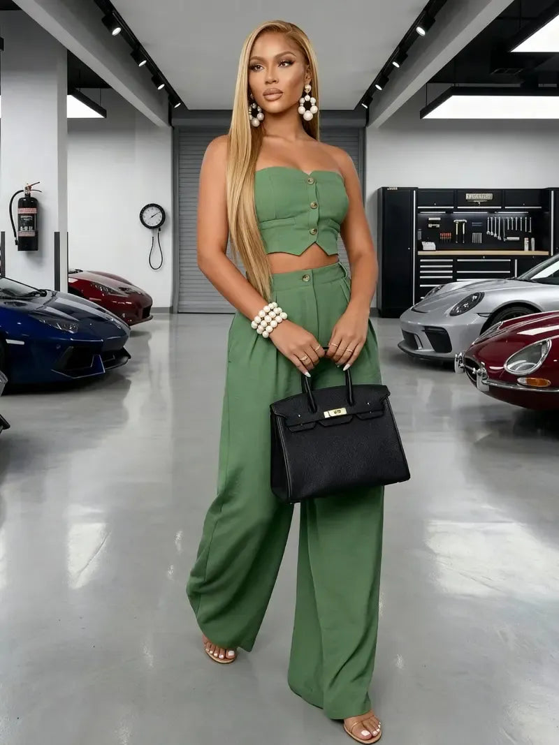 Women's Strapless Crop Top & Wide Leg Pants 2 Piece Set