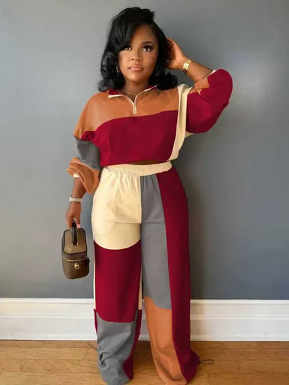 Set Women's Colorblock Zip Up Jacket & Wide Leg Pants