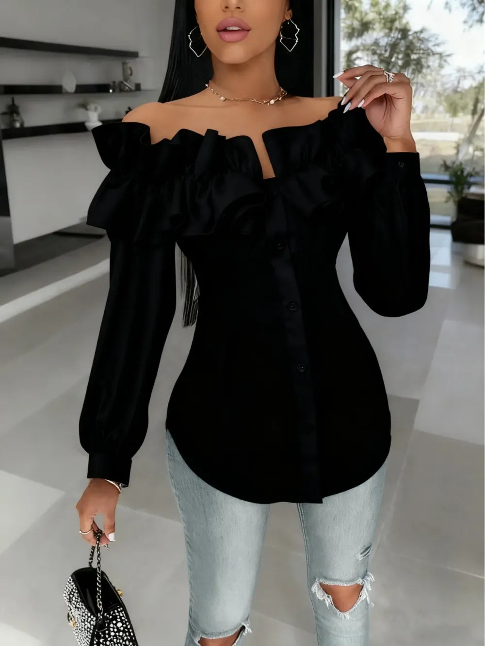 Women's Long Sleeve One Shoulder Ruffle Slim Fit Shirt Blouse