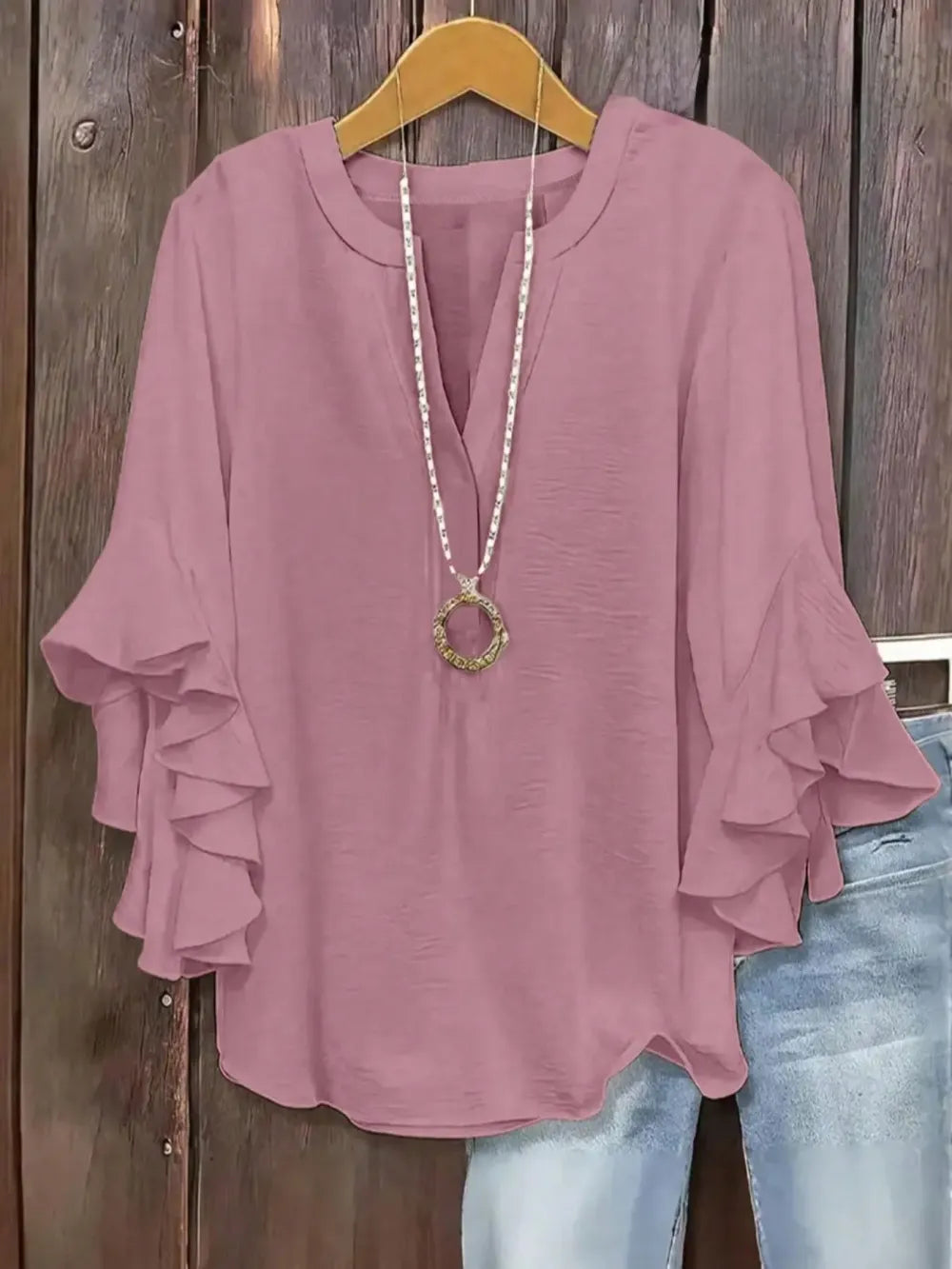 Plus Size Women's Ruffle Sleeve Notched-Neck Fitted Blouse