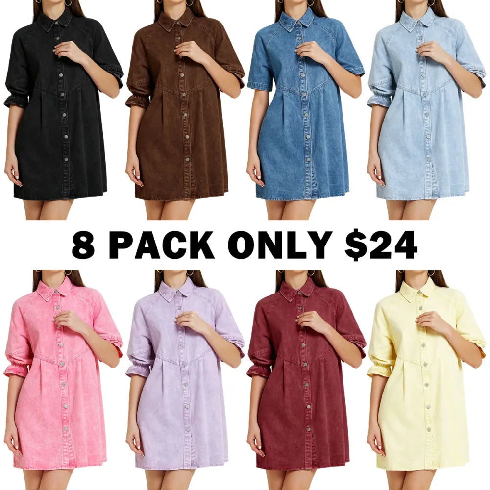 3/4 Lantern Sleeve Babydoll Mini Jean Denim Shirt Dress