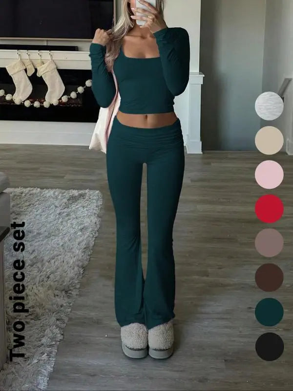 Solid Color Square Neck Crop Tee & Flare Leg Pants Two-Piece Set