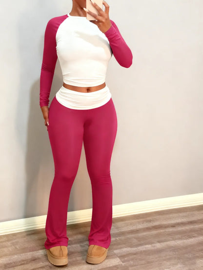 Round Neck Long Sleeve Color Block T-Shirt with Ruffled Flare Pants Set