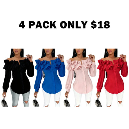 Women's Long Sleeve One Shoulder Ruffle Slim Fit Shirt Blouse