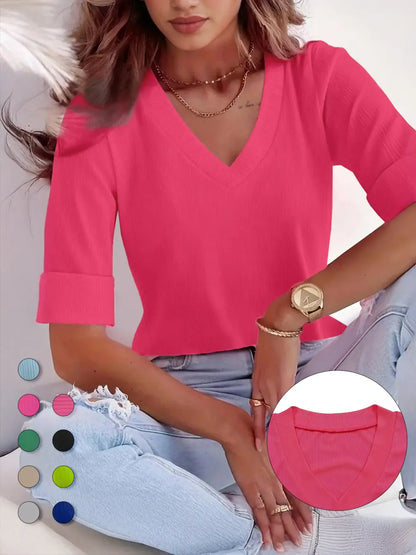 Plus Size Solid V Neck Roll Up Sleeve Tee