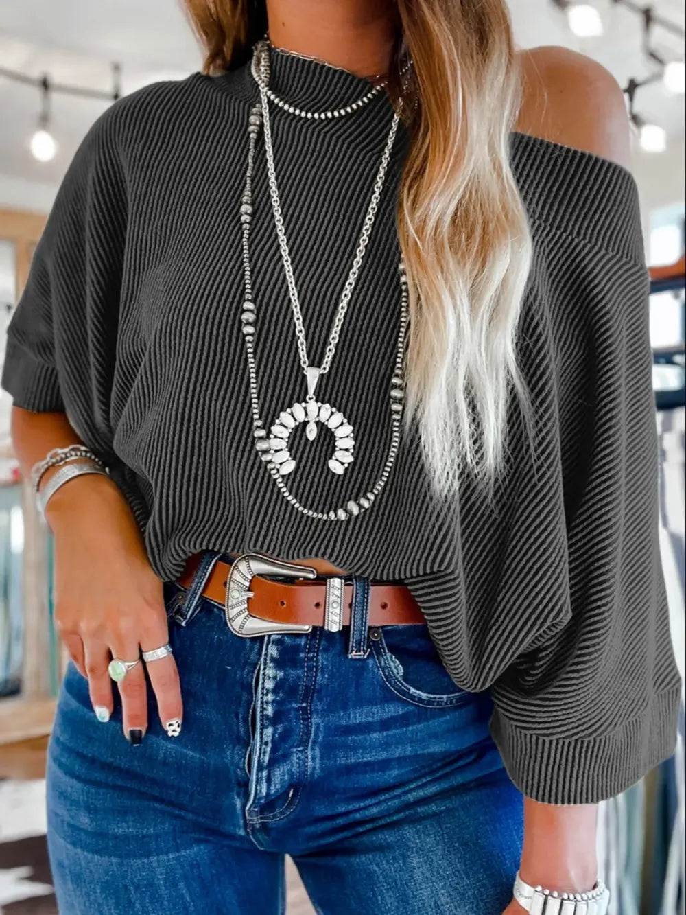 Women's Striped Boat Neck Batwing Sleeve Oversized Blouse