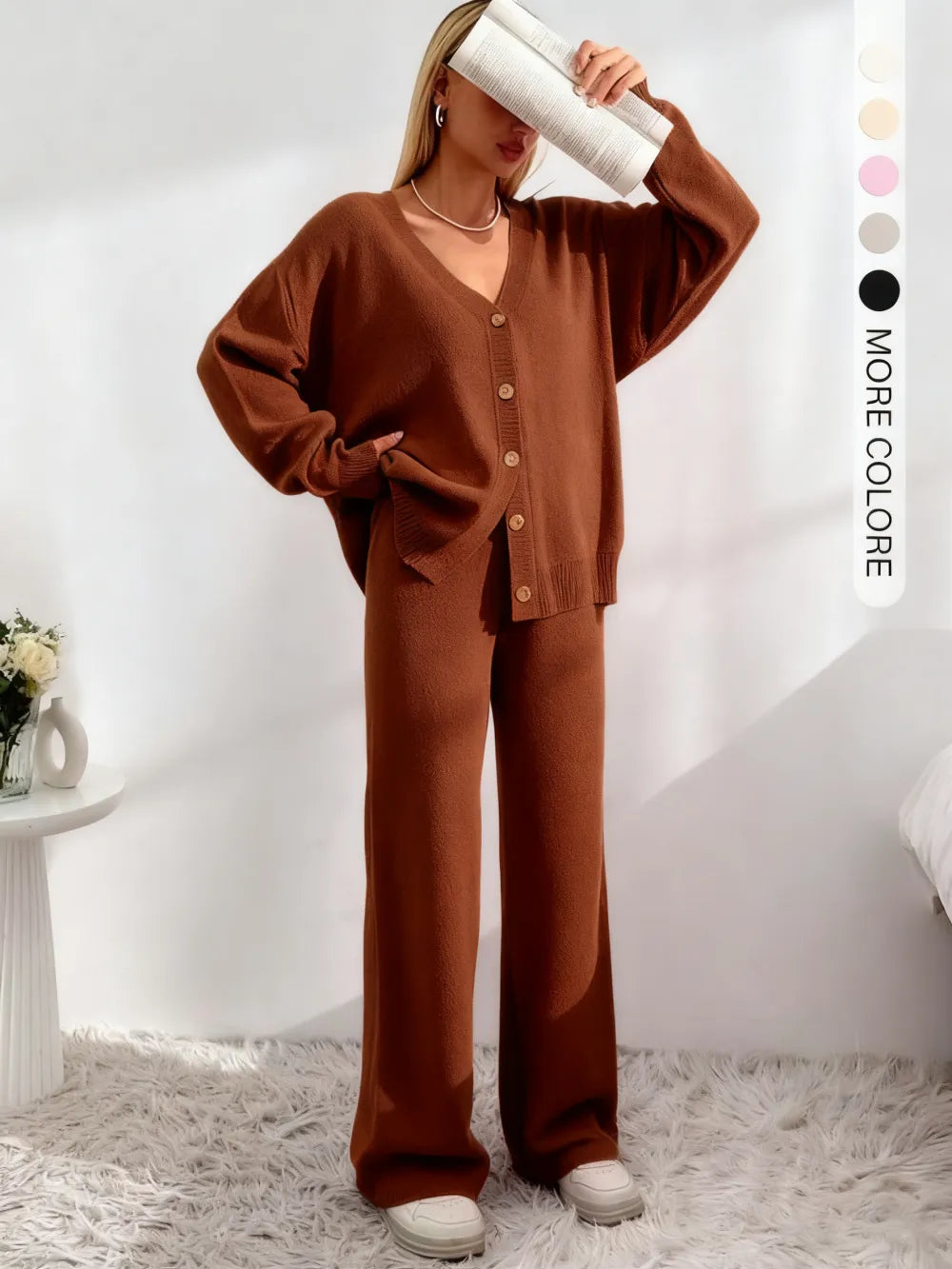 Women's Solid V Neck Cardigan & Elastic Waist Wide Leg Pants Two-piece Set