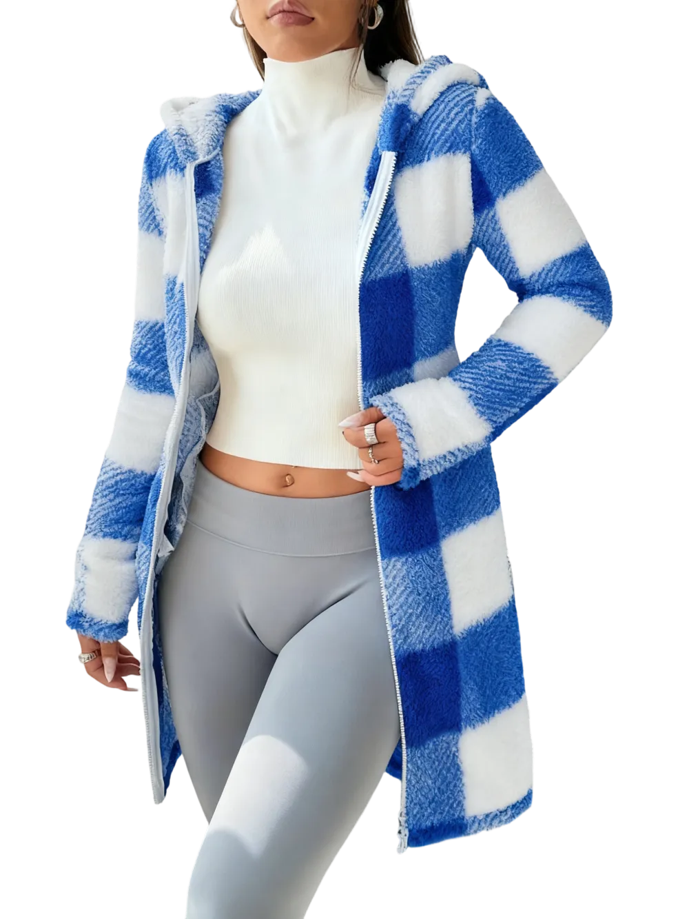 Plaid Fleece Long Sleeve Hooded Coat