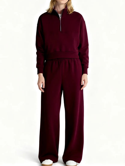 Fleece Half Zip Pullover & Cargo Wide-Leg Pants 2-Piece Set