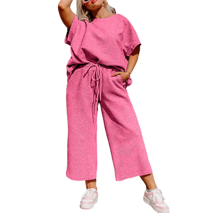 Women's Plus Size Short Sleeve Top & High Waist Wide Leg Pants 2-Piece Lounge Set