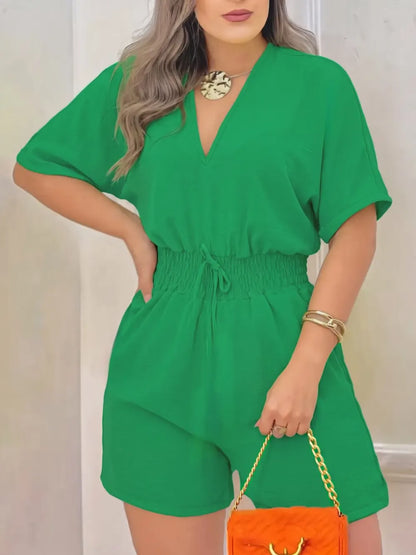Women's Plain Drawstring Shirred Waist Fitted V Neck Romper