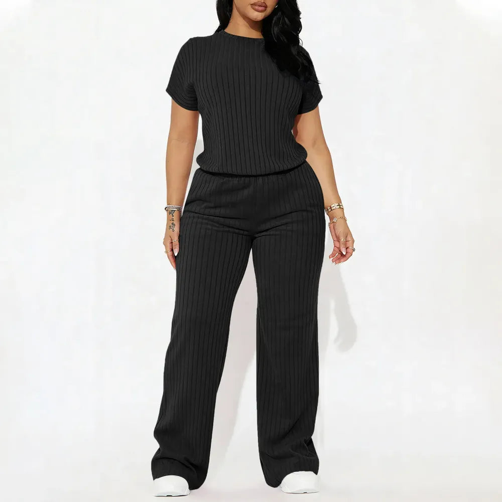 Women's Solid Shortsleeve Crewneck Ribbed Top & Wide Leg Pants