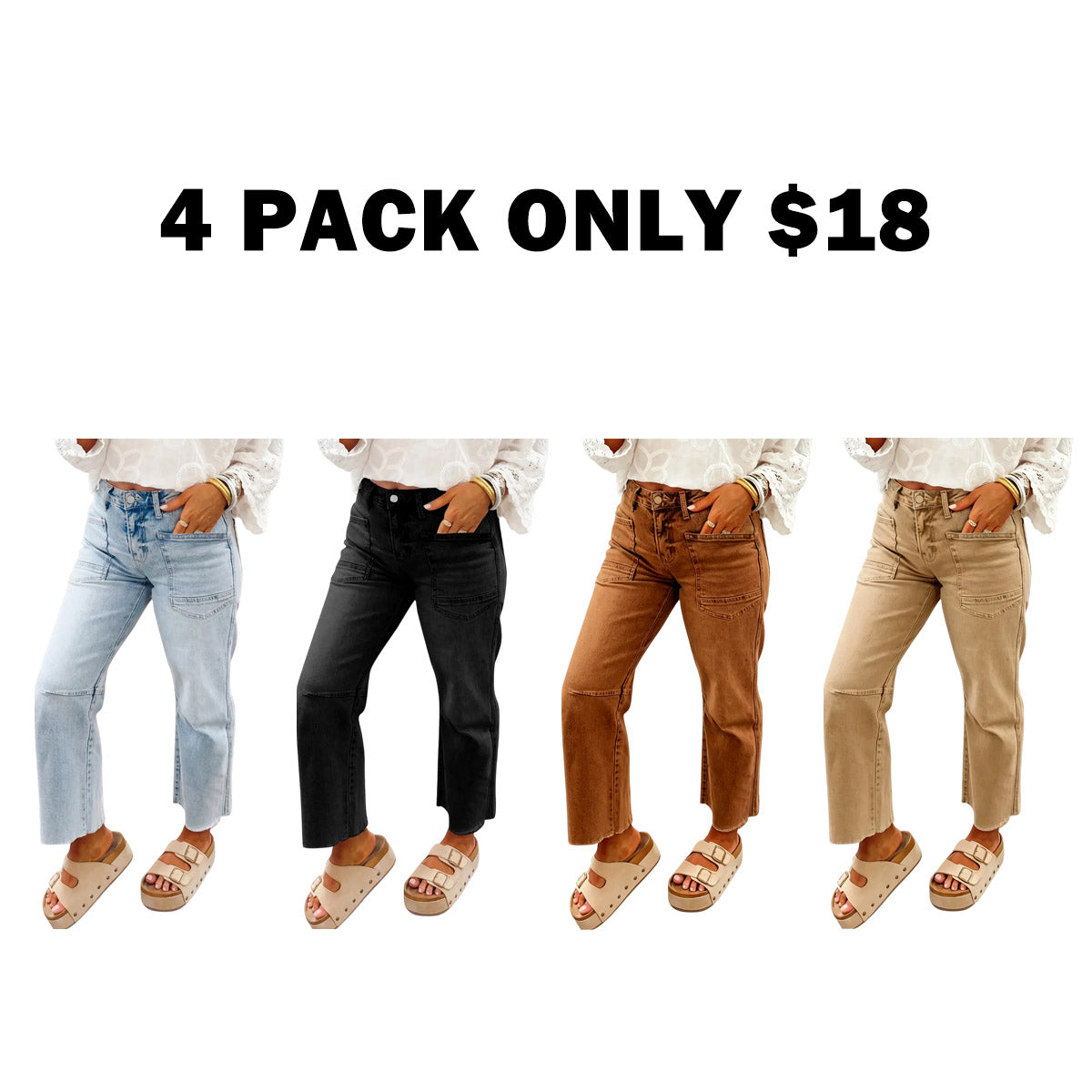Women's Frayed Cropped Straight Jeans with Pockets