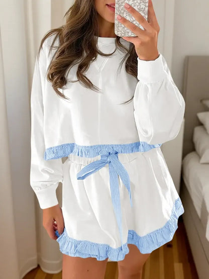 Women's 2 Piece Lounge Sets Ruffle Color Block Cropped Sweatshirts