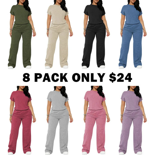 Women's Solid Shortsleeve Crewneck Ribbed Top & Wide Leg Pants