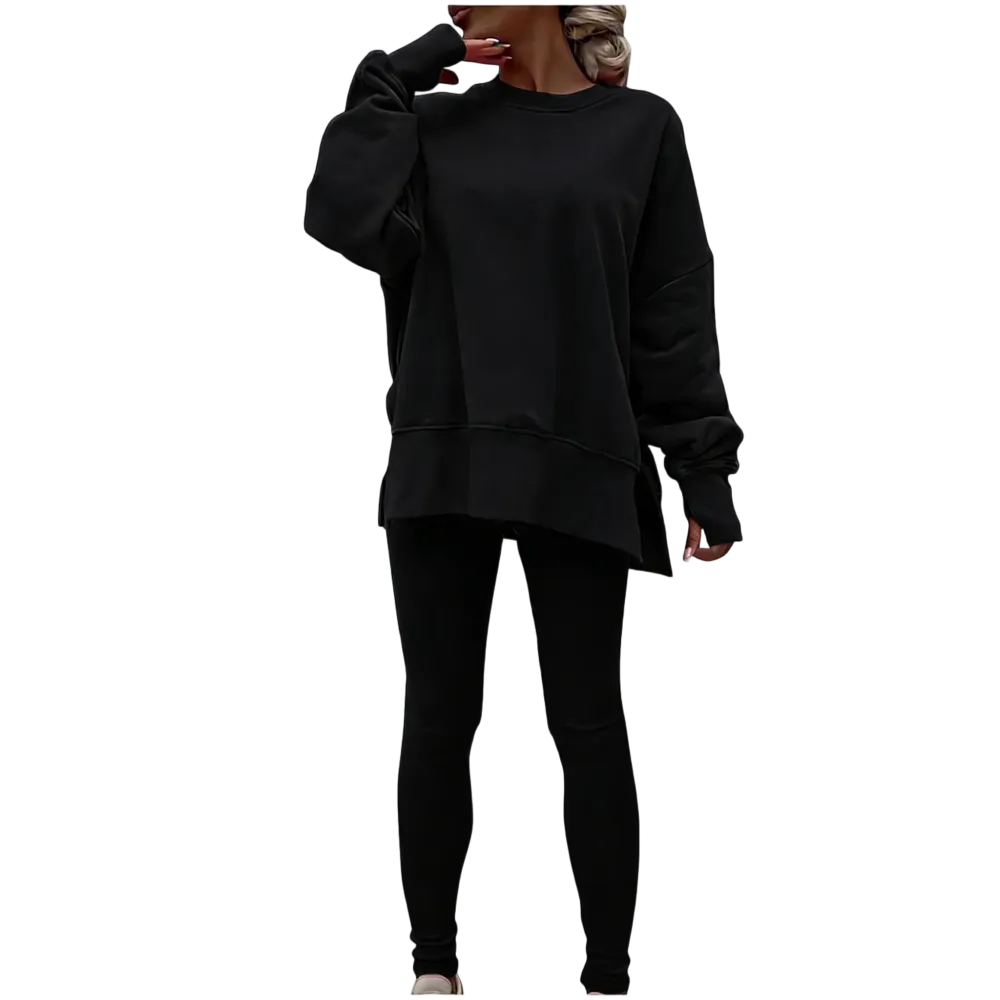 Women's Fashionable Solid Color Casual Long Sleeved Round Neck Hoodie Top Stripe Pants Set