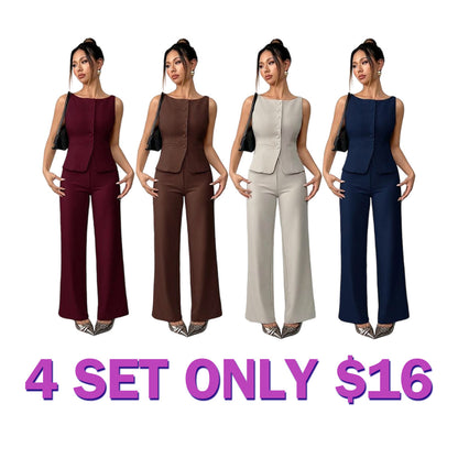 Women's Solid Button Front Tank Top & Wide Leg Pants Set