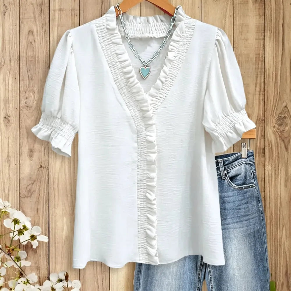Ruffle Trim V - Neck Blouse