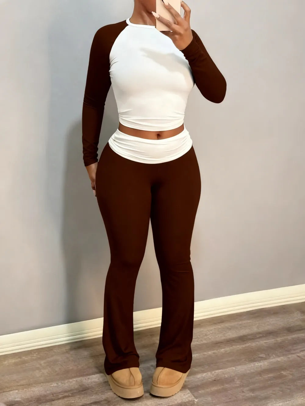 Round Neck Long Sleeve Color Block T-Shirt with Ruffled Flare Pants Set