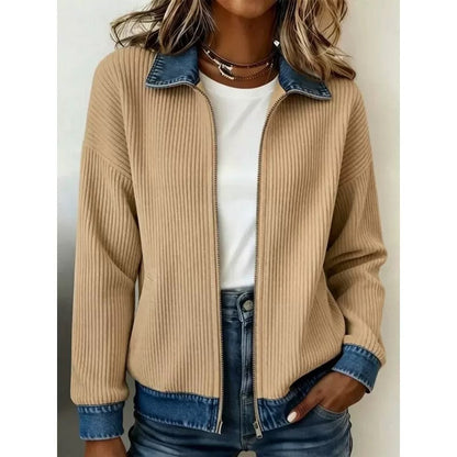 🎁Women's Casual Ribbed Knit Zip-Up Jacket with Contrast Denim Details