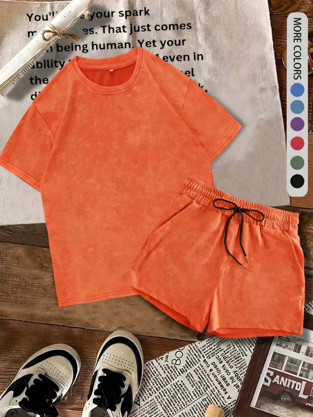 Two-piece Set Women's Solid Color Denim-effect Print Tee & Shorts