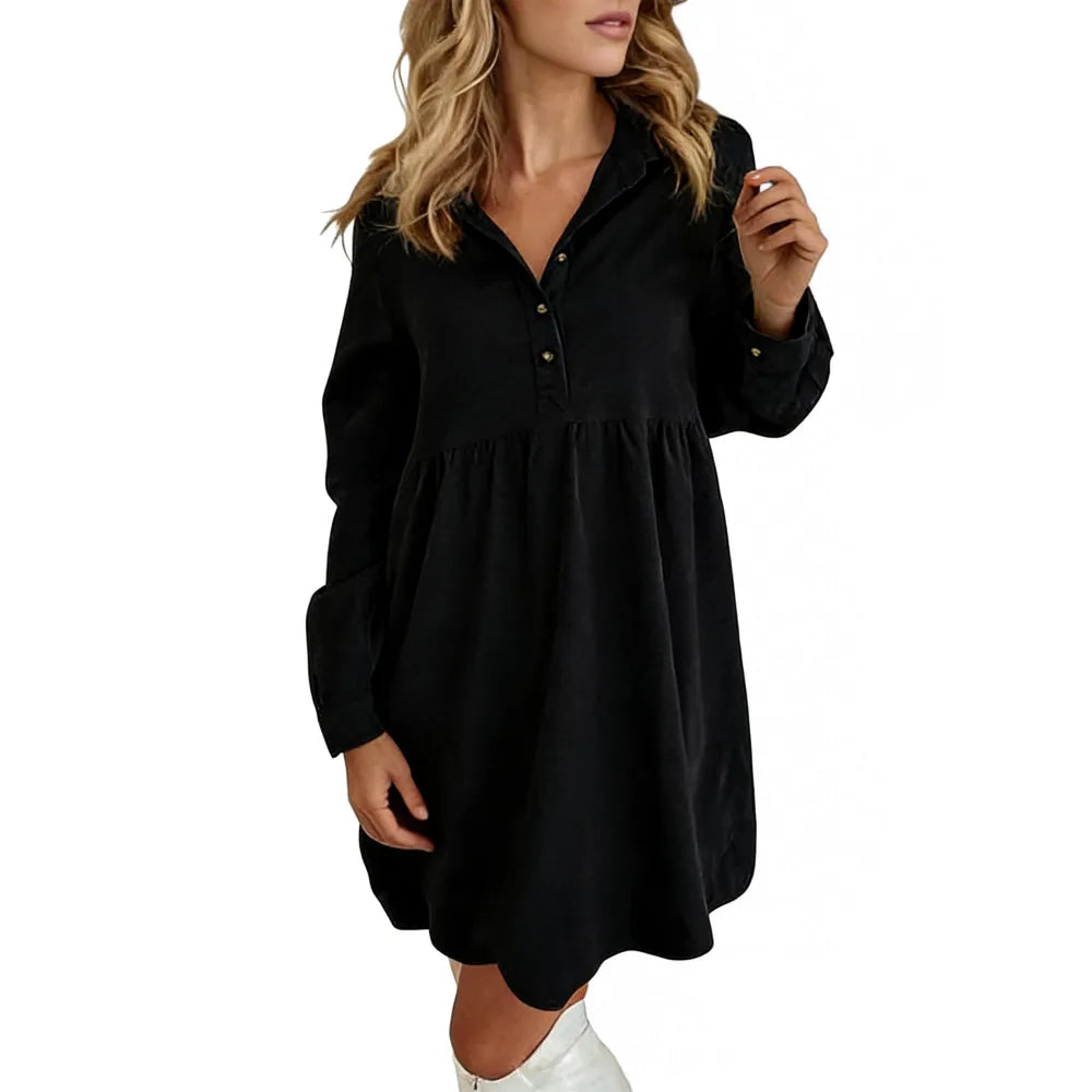 Women's Corduroy Half Button Collared Mini Dress with Pocket