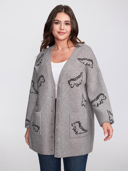 Jacquard Dinosaur Print Knit Cardigan