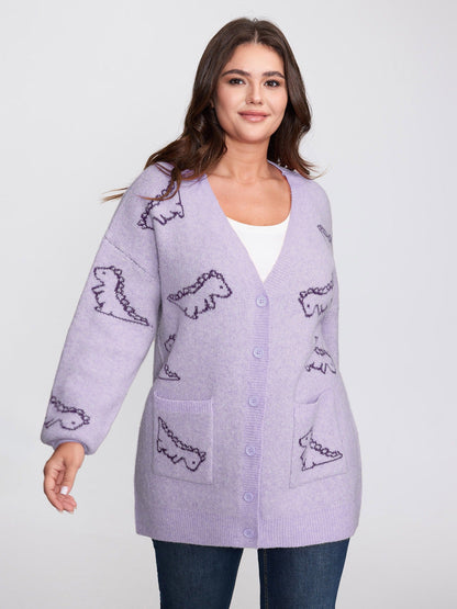 Jacquard Dinosaur Print Knit Cardigan