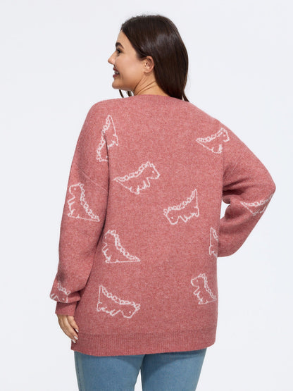 Jacquard Dinosaur Print Knit Cardigan