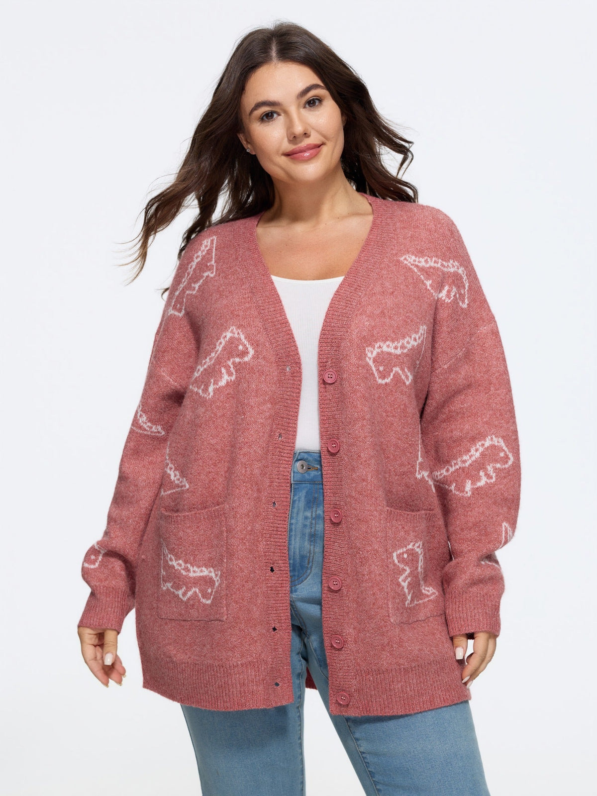 Jacquard Dinosaur Print Knit Cardigan