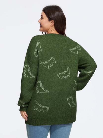 Jacquard Dinosaur Print Knit Cardigan